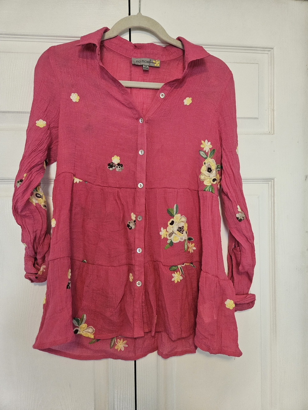 Bright Pink Embroidered Button-Front  Blouse